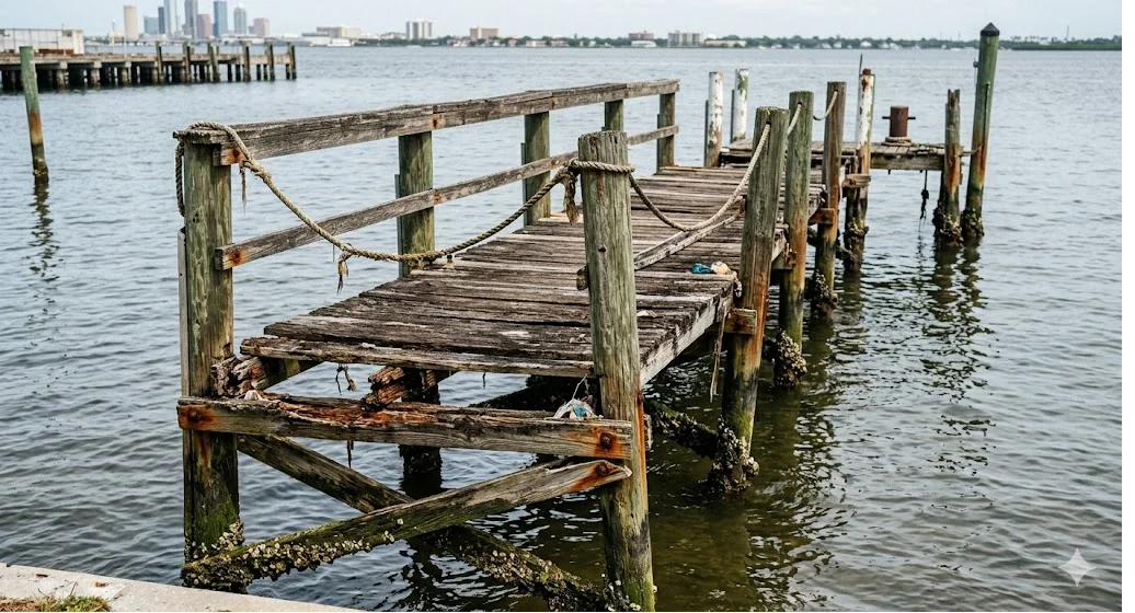 Storm-damaged Tampa Bay dock before repair