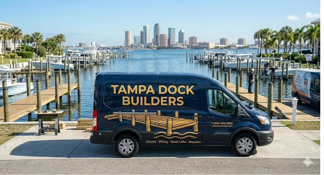 Tampa Dock Builders service van at the waterfront with Tampa skyline