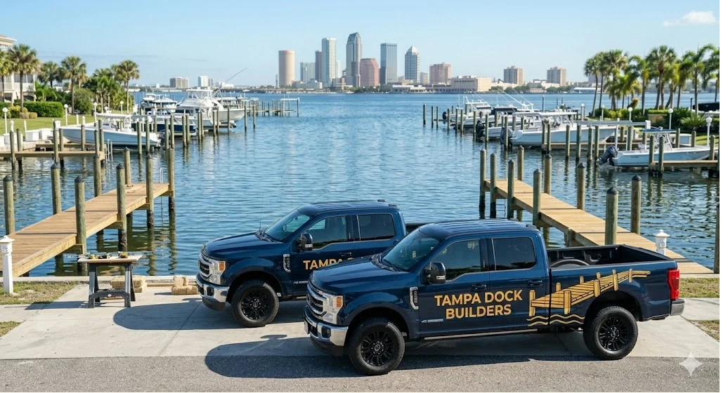 Tampa Dock Builders fleet of work trucks at the Tampa waterfront