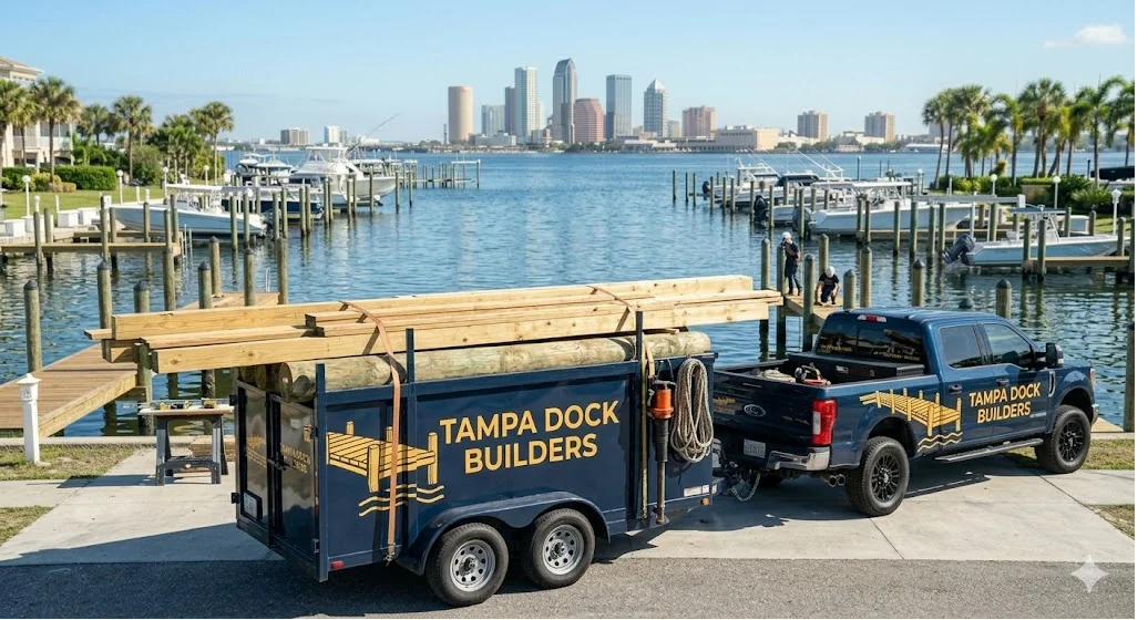 Tampa Dock Builders truck and trailer on Tampa Bay waterfront
