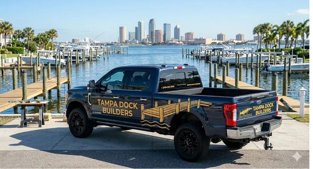 Tampa Dock Builders work truck loaded with boat lift components
