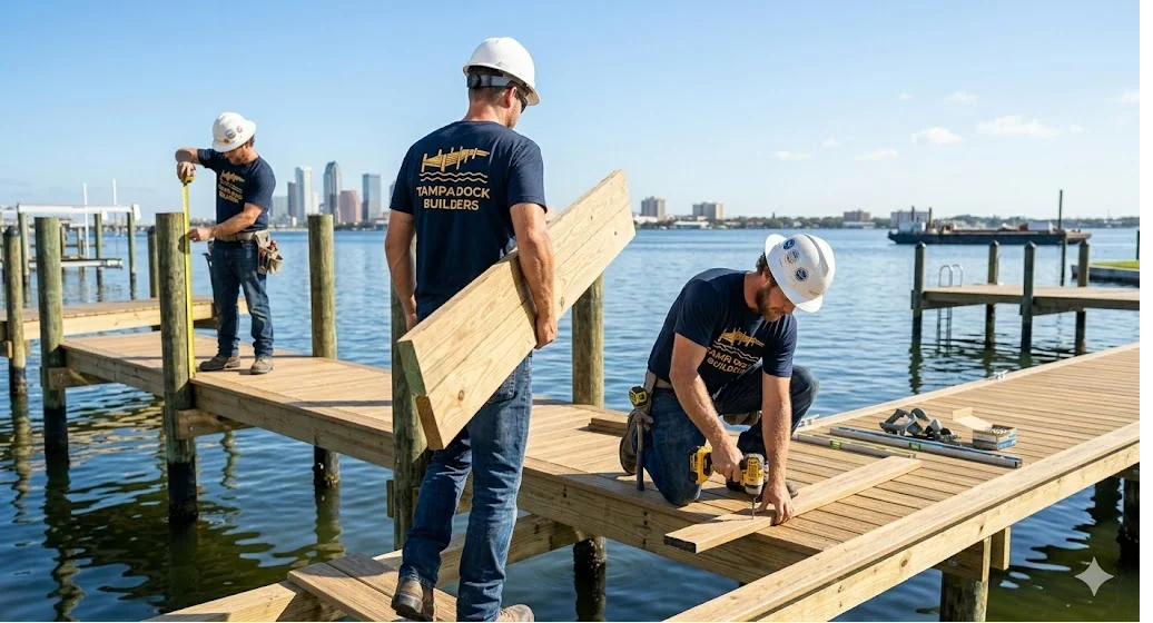 Tampa Dock Builders crew working on a custom waterfront dock build