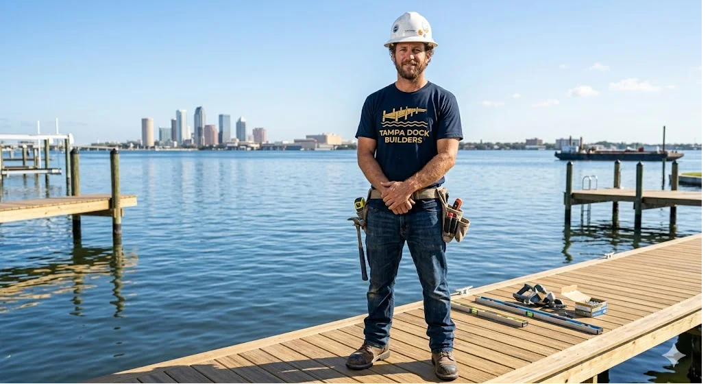Tampa Dock Builders technician installing boat lift hardware