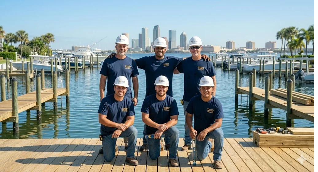 Tampa Dock Builders team on the waterfront with Tampa skyline